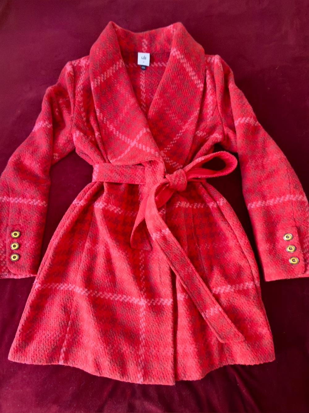 Cabi Evita Coat Red Pink Plaid Wrap Jacket Fall 2022 #4295